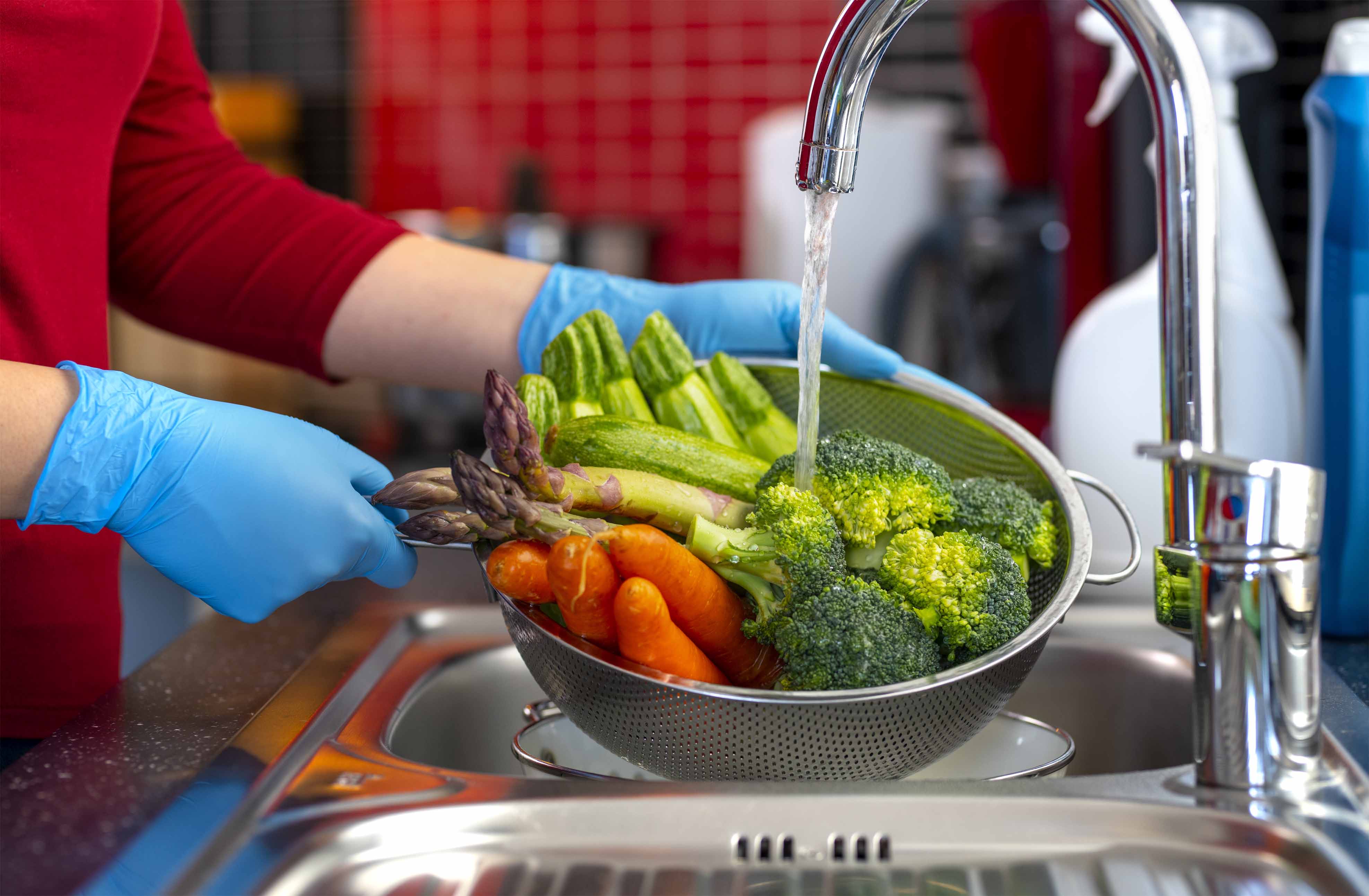 Woman washing vegetables on kitchen counter.