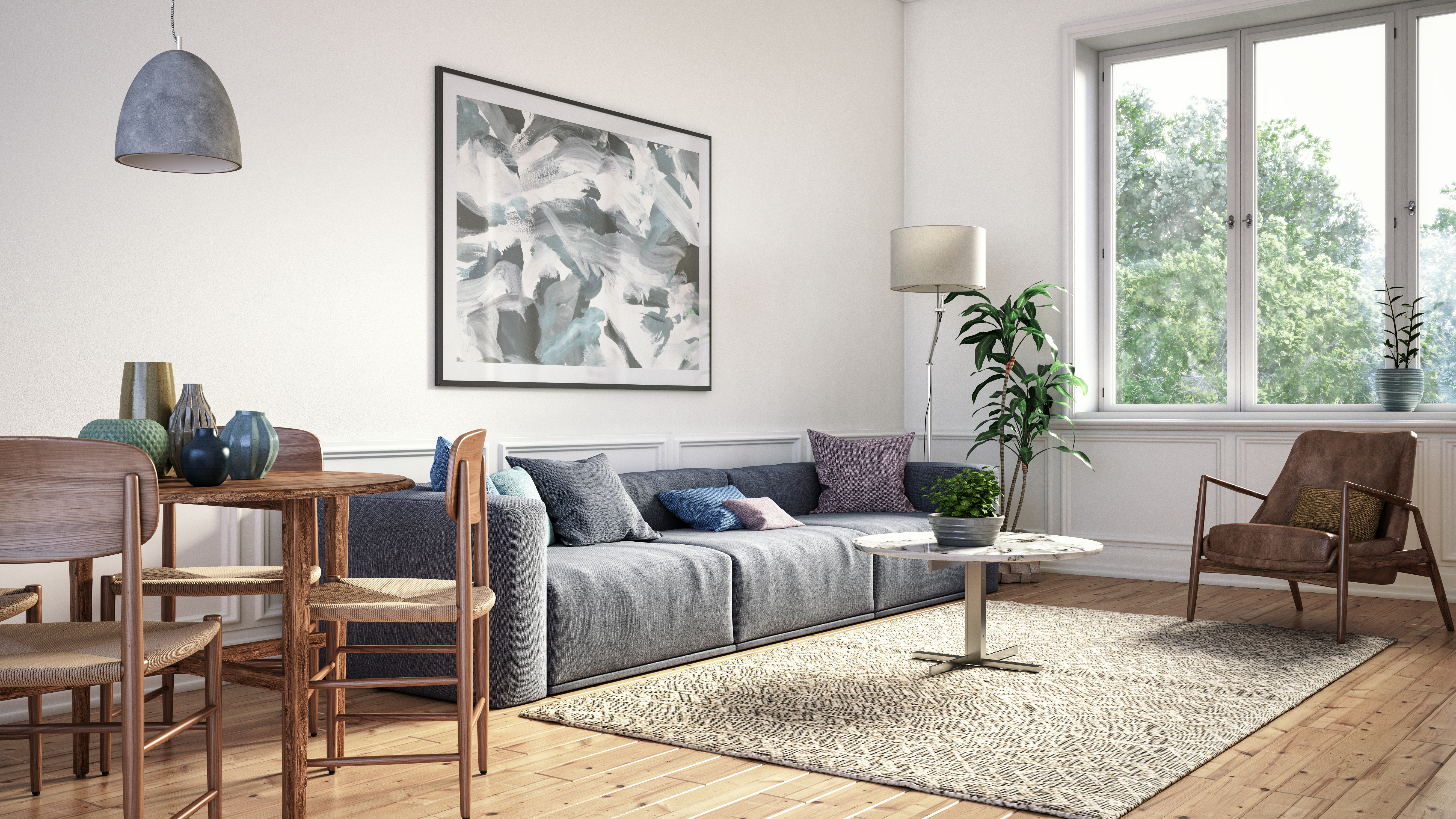 Scandinavian interior design living room 3d render with gray and brown colored furniture and wooden elements